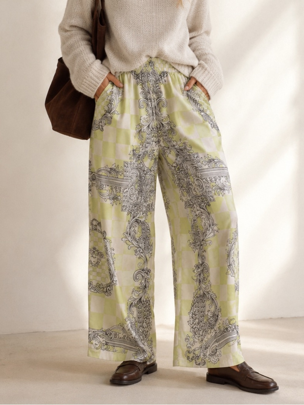 Akira Chartreuse Baroque Tapestry Checkered Satin Wide Leg Pants Size Small NWT